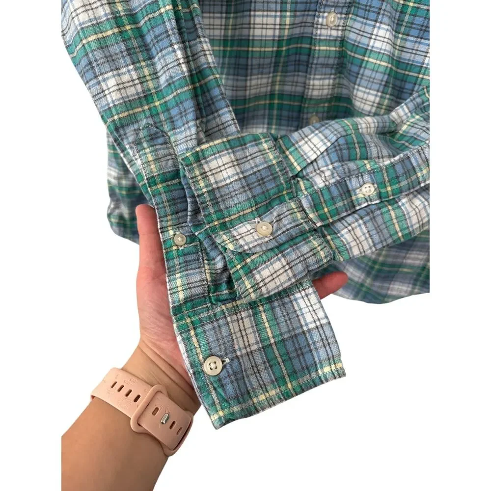 J Crew The Brooklyn In Oxford Blue Green Plaid Slim Button Down Medium Casual